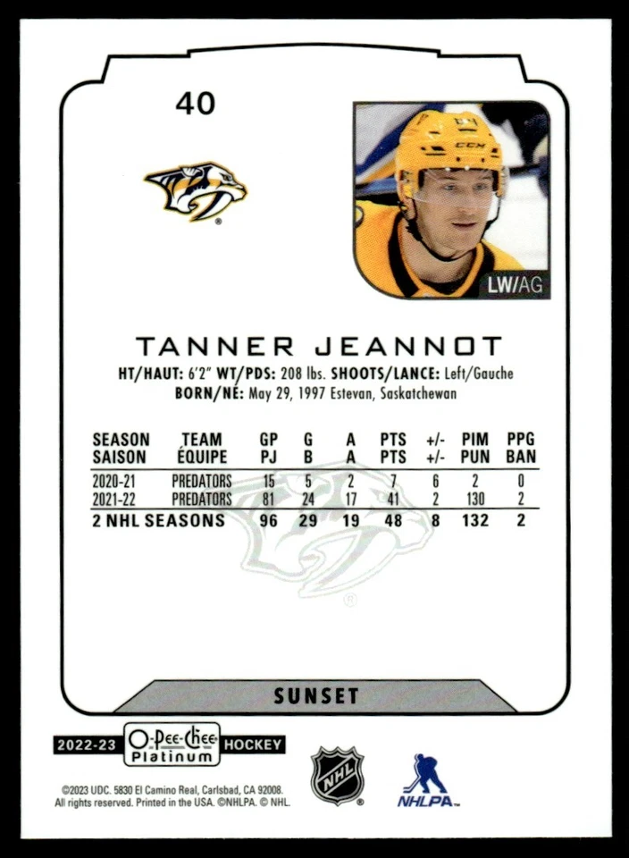 2022-23 O-Pee-Chee SENSET Tanner Jeannot Nashville Predators #40 - Image 2 of 2
