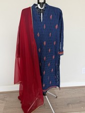 Khaadi 3 Pc Blue  Red Pakistani Shalwar Kameez Size 14 - FREE SHIPPING