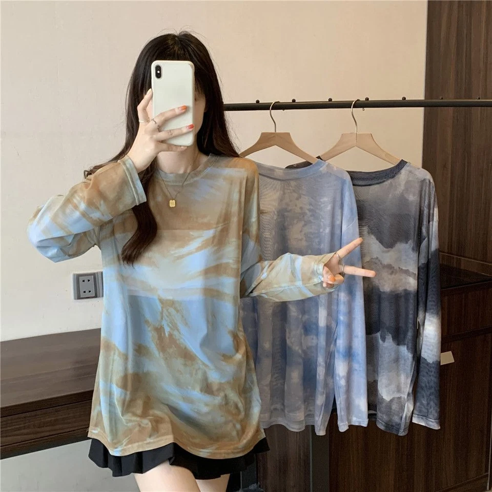 Donna Trasparente Camicia Tie-Dyeing Rete Top Sole Protezione Base T Estate Thin - Immagine 4 di 4