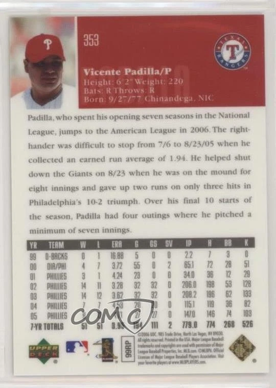 2006 Upper Deck Special F/X Green /99 Vicente Padilla #353 - Image 2 of 2