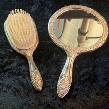 Vintage Ornate Silver-Tone Hand Mirror Hair Brush Hairbrush Ornate Vanity Set