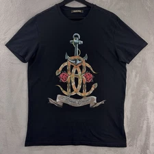 Roberto Cavalli T Shirt Mens Size XL Black Snake Anchor Roses Graphic Tee