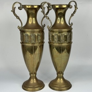 Antique 1800s French Pair Extra Large Neoclassical Relief Detail Brass Urn Vases