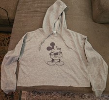 Vintage Disney Mickey Mouse Crop Top Hooded Sweatshirt XL Gray Collectible RARE