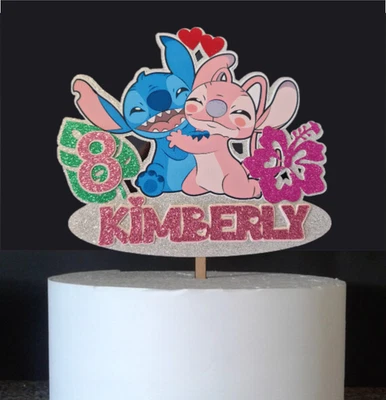 HANDMADE Cake topper , glitter, mirror card Stitch & Angel personalised Name & Number
