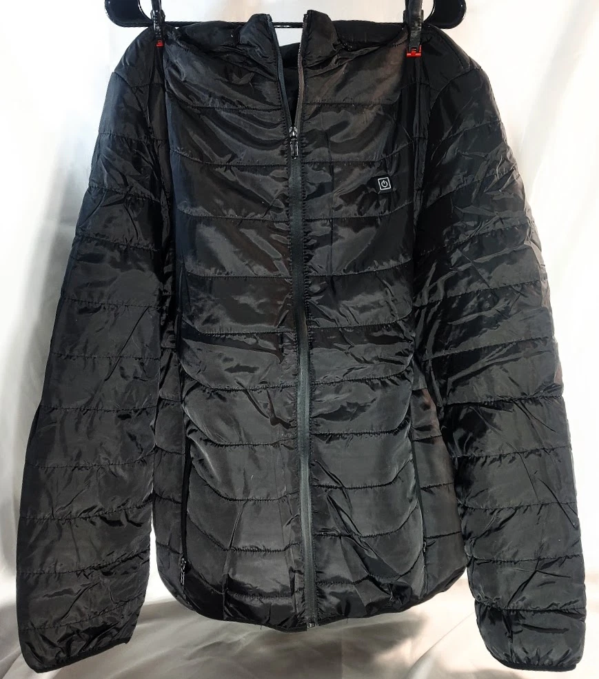 Black Unisex Soft Shell Heated Jacket with Detachable Hood USB powered. Size S