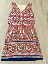 Vince Camuto BRIGHT Pink Multicolor Design V-Back Two Layer MIDI Swing Dress 10