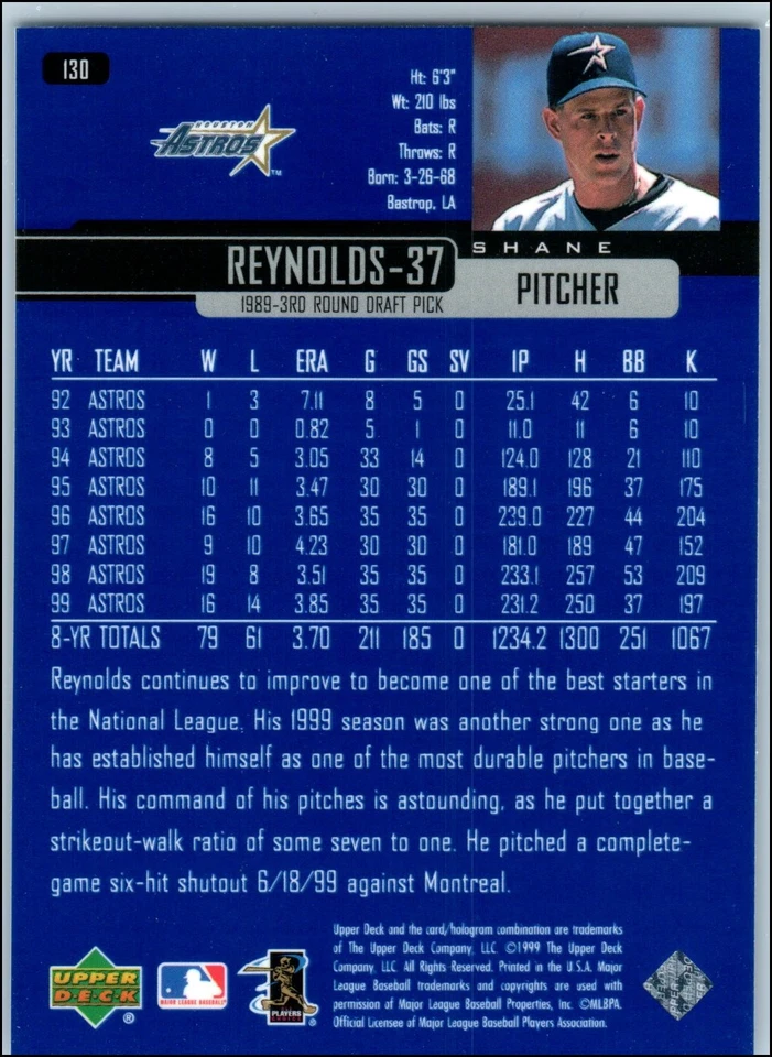 2000 Upper Deck - Shane Reynolds #130 - Image 2 of 2