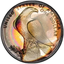 PR68DCAM $1 1984-S LA Olympics Silver Proof Dollar, PCGS Trueview- Rainbow Toned