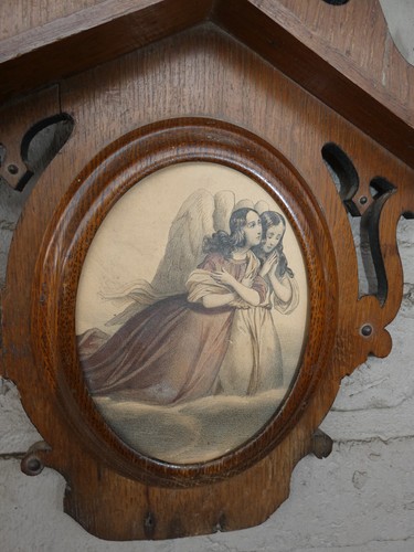 Antique french wood carved wall plaque religious angels engraving - Picture 2 of 5