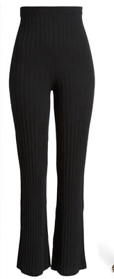 OPEN EDIT Ribbed  High Waist Sweater Pants In black , Straight Leg 