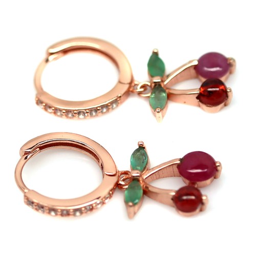 Christmas Red Ruby Emerald, Garnet & Cubic Zirconia Earrings 925 Sterling Silver - Picture 2 of 4