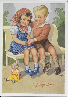 [Dorfel] Dörfel Junge Liebe Boy and Girl on Bench w/Doll vintage postcard unused