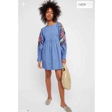 Free People Mini Obsessions Dress Blue Long Sleeve Neck Large Boho