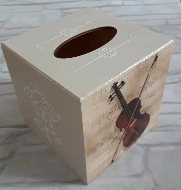 Violin Tissue Square Box Cover Holder wooden handmade decoupaged - Image 1 of 1