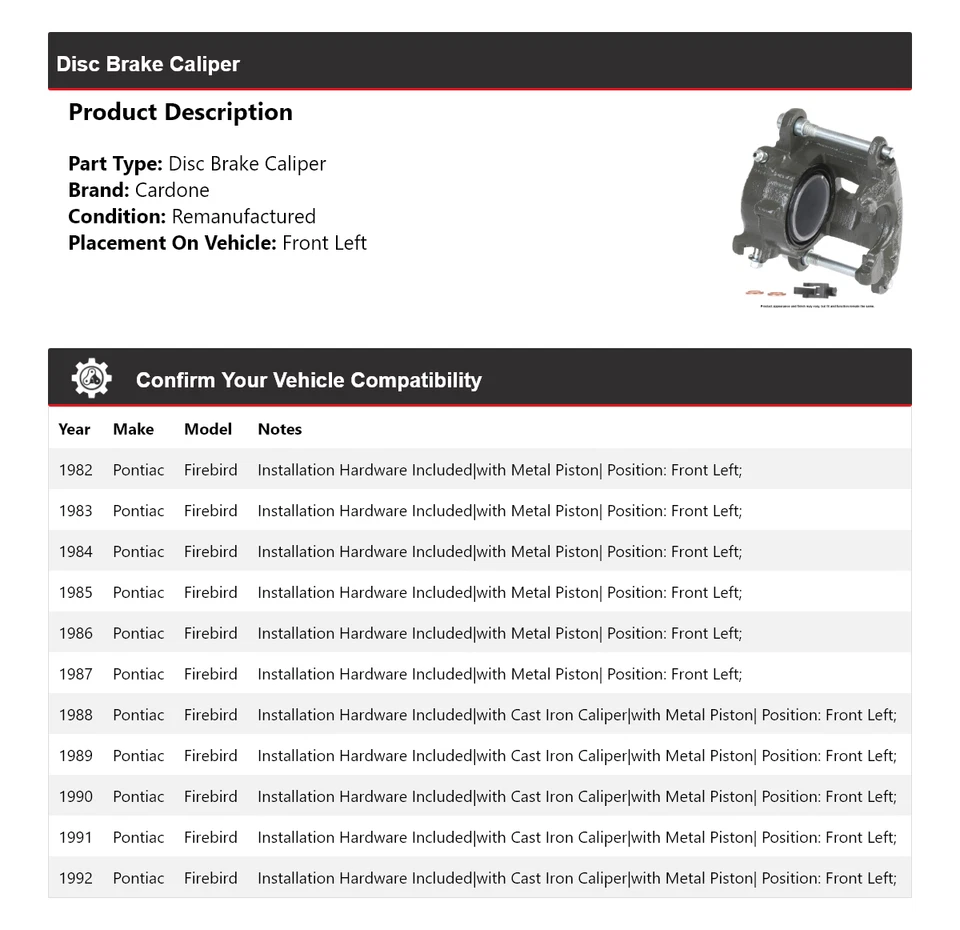 For 1982-1992 Pontiac Firebird Disc Brake Caliper Front Left Cardone 1983 1984 - Image 2 of 4