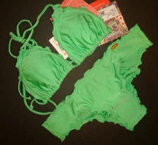 NWT Luli Fama XS BIKINI S ruffled wavey BOTTOM SNOB GREEN neon RARE!!!