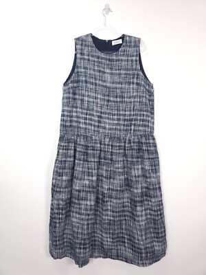 Toast Dress Size 16 Navy Blue 100% Linen Relaxed Drop Waist Crosshatch Midi
