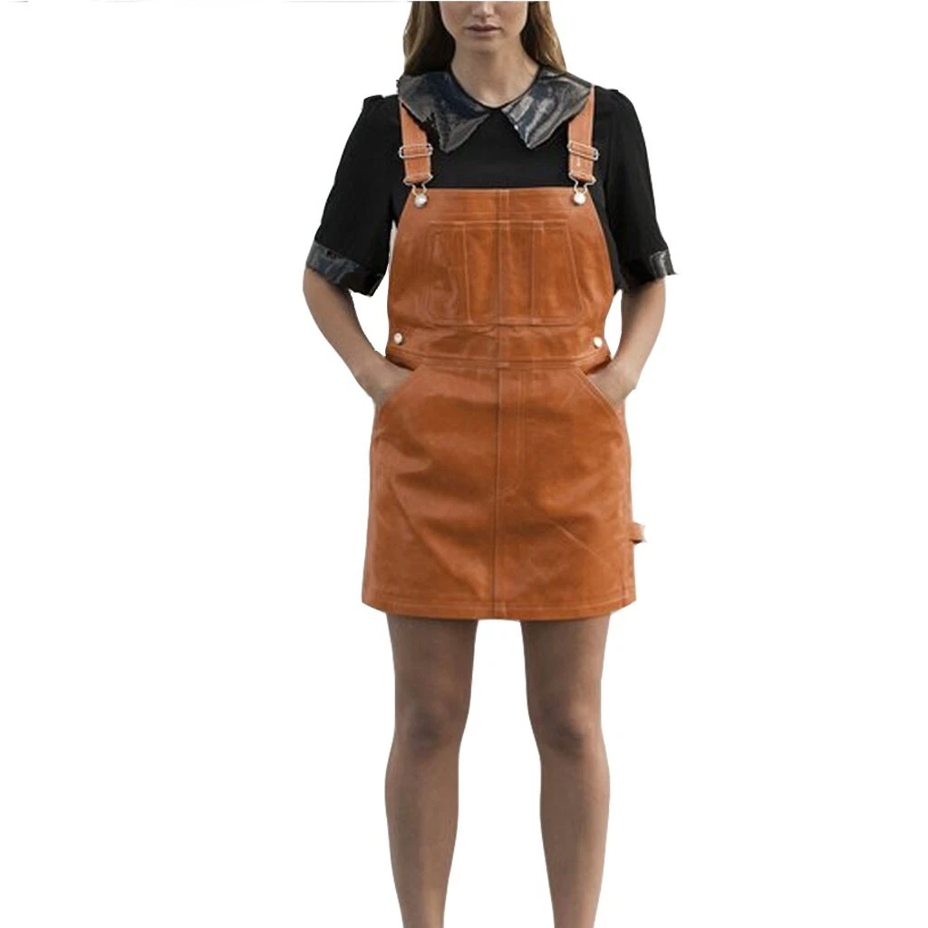 LeatherViz A line Fit Women Leather Dungaree Dress Summer Leather Dress