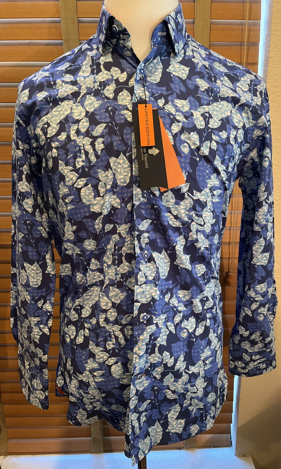 NWT LUCHIANO VISCONTI Ltd Ed Blue Orange Floral Flip Cuff L/S Shirt Sz S P15676