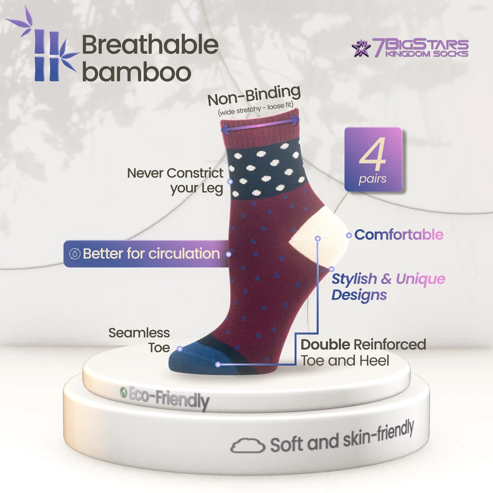 Women Bamboo Diabetic Pattern Quarter Socks Medium 4 Pack Dot Stripe Brown Camel - Image 2 of 4