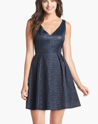 French Connection 'Katari' ~ Blue Jacquard Fit & Flare Party Dress 4 NEW $228