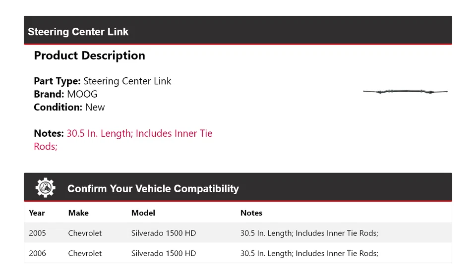 Enlace central de dirección MOOG para Chevrolet Silverado 1500 HD 2005-2006 Foto 2 de 4