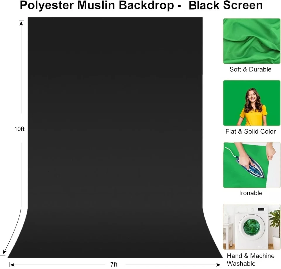 Черный муслиновый фон 10x7 и 5 зажимов для подставки для фотофона - Изображение 2 из 4