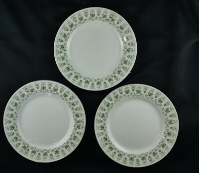 Vintage SAKI Japan Fine China Side Plates x 3 *Green Floral Border