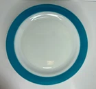 Vintage Pyrex Milk Glass 12.5" Chop Plate Platter Turquoise Aqua Blue Rim