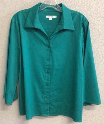 Chicos Women's Poplin Solid Cape Sleeve Shirt Green Stretch Size 12 Blouse