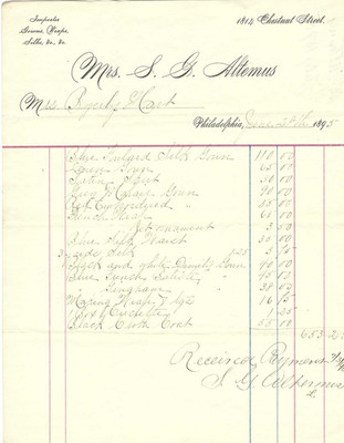 1895 Invoice Mrs. S. G. Altemus Importer Gowns Wraps Silk Philadelphia Hart