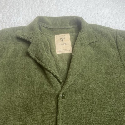 OAS Shirt Mens Large Button Up Short Sleeve Soft Terry cloth Cotton Casual green