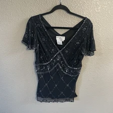 Adrianna Papell Boutique Evening Blouse Large Black Beaded Sequin Silk Party