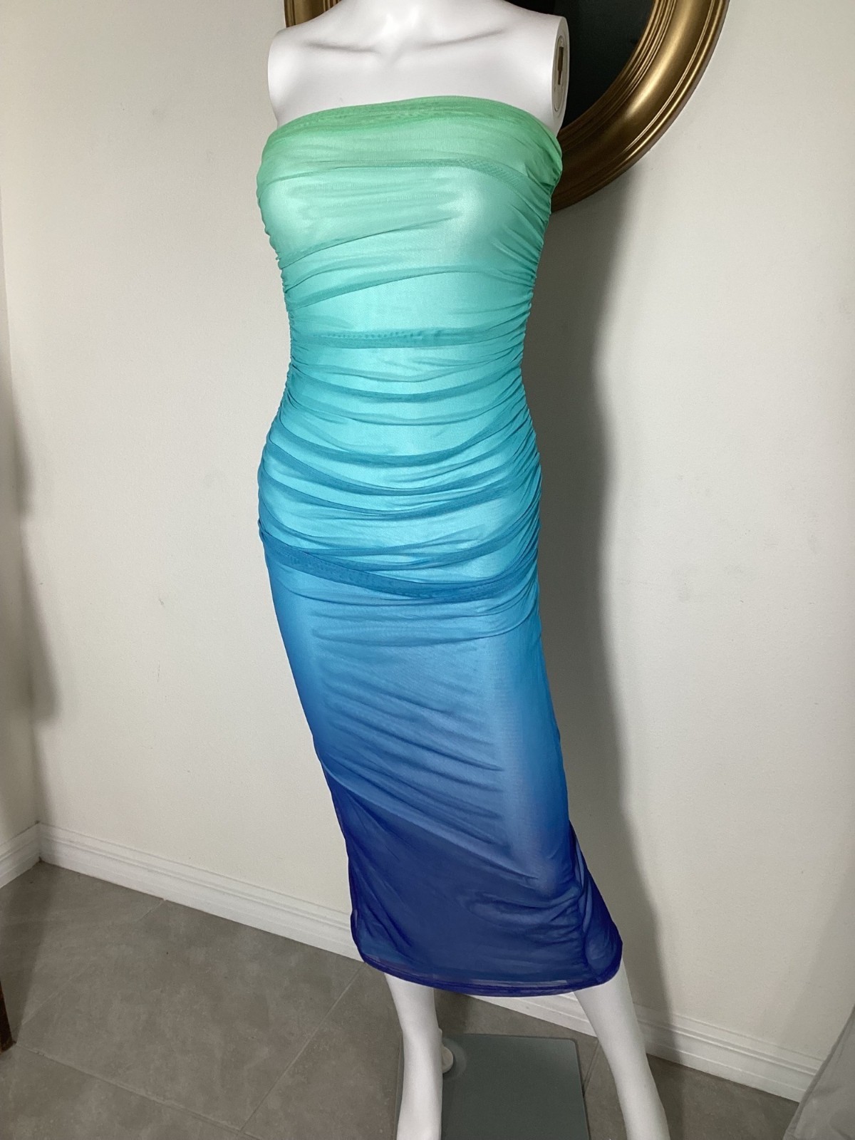 Kendall Midi Dress Aqua Ombre XS By Runaway The Label Ruched Details & Side Slit