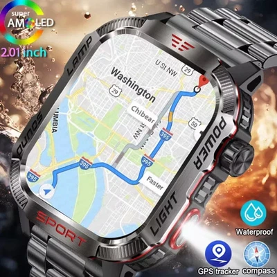 Military GPS Smart Watch Men – Flashlight, Compass, Waterproof, Bluetooth Call