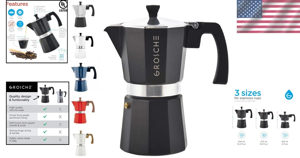 Fogão de alumínio Milano Moka Pot - 6 xícaras de café expresso, compatível com eletricidade e gás - Imagem 2 de 4