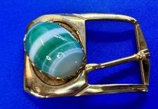 Green Banded Agate Cabochon Stone On Small Gold Tone Belt Buckle - To Fasten