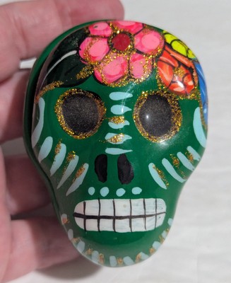 Green Sugar Skull 3'' Trinket Box Day of Dead Dias de los Muertos Hand Painted 