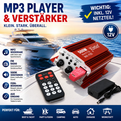 MP3 MUSIKPLAYER KINTER MA-700 USB FERNBEDIENUNG MINI-VERSTÄRKER MIT 12V INKL. NT