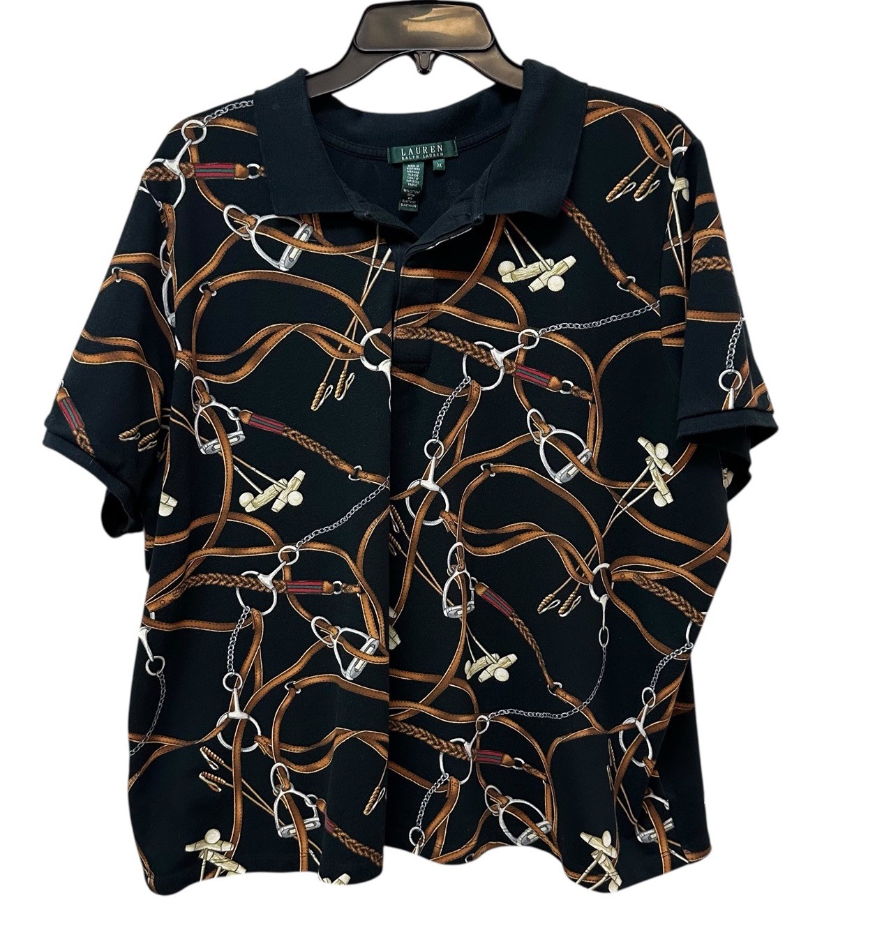 Vintage Lauren Ralph Lauren Black Equestrian Bridle Print Cotton Polo Shirt 3X