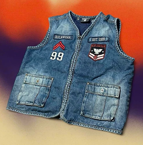 Rocawear EST. 1999 Men’s Blue Denim Vest Full Zip Lined Pockets V-Neck M - product listing photo
