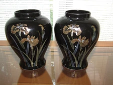 Vintage Artmark Pair of Black Glossy Flowers & Dragonfly Porcelain 6" Vases