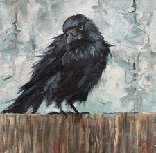 Raven Crow decor Original Painting On Canvas 12 X 12 In