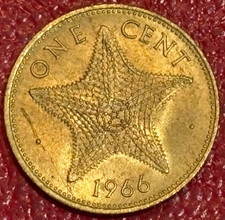 HIGH GRADE AU + 1966 BAHAMAS ISLANDS STARFISH ONE CENT COIN-DEC232