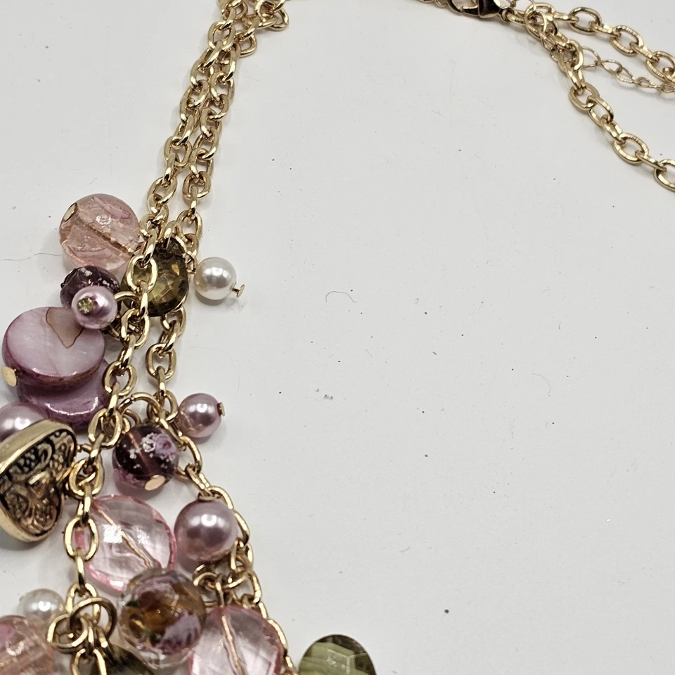 Collar Grueso Tono Dorado Erica Lyons Rosa Cuentas 2 Hilos Declaración EL Foto 4 de 4