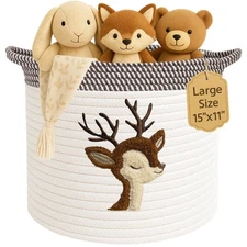 Deer Storage Basket for Nursery – Large 15”x11” Cotton Rope Bin with Soft Fel...