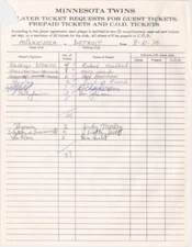 Minnesota Twins Player Ticket Request Form! Vintage! Signed! 16204