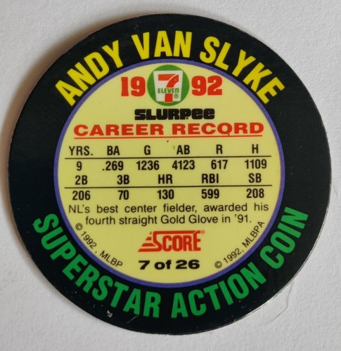 Vintage Andy Van Slyke Superstar Action Coin 1992 Slurpee 7-11 MLB Baseball - Picture 2 of 4