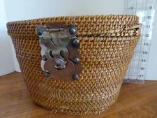 Antique Wicker Oval Sewing Basket w/decorative chrome hardware.